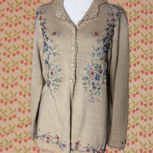 floral tan cardigan knit collar ABC imports S