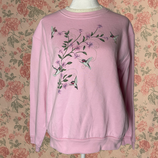 pink floral hummingbird collared crewneck