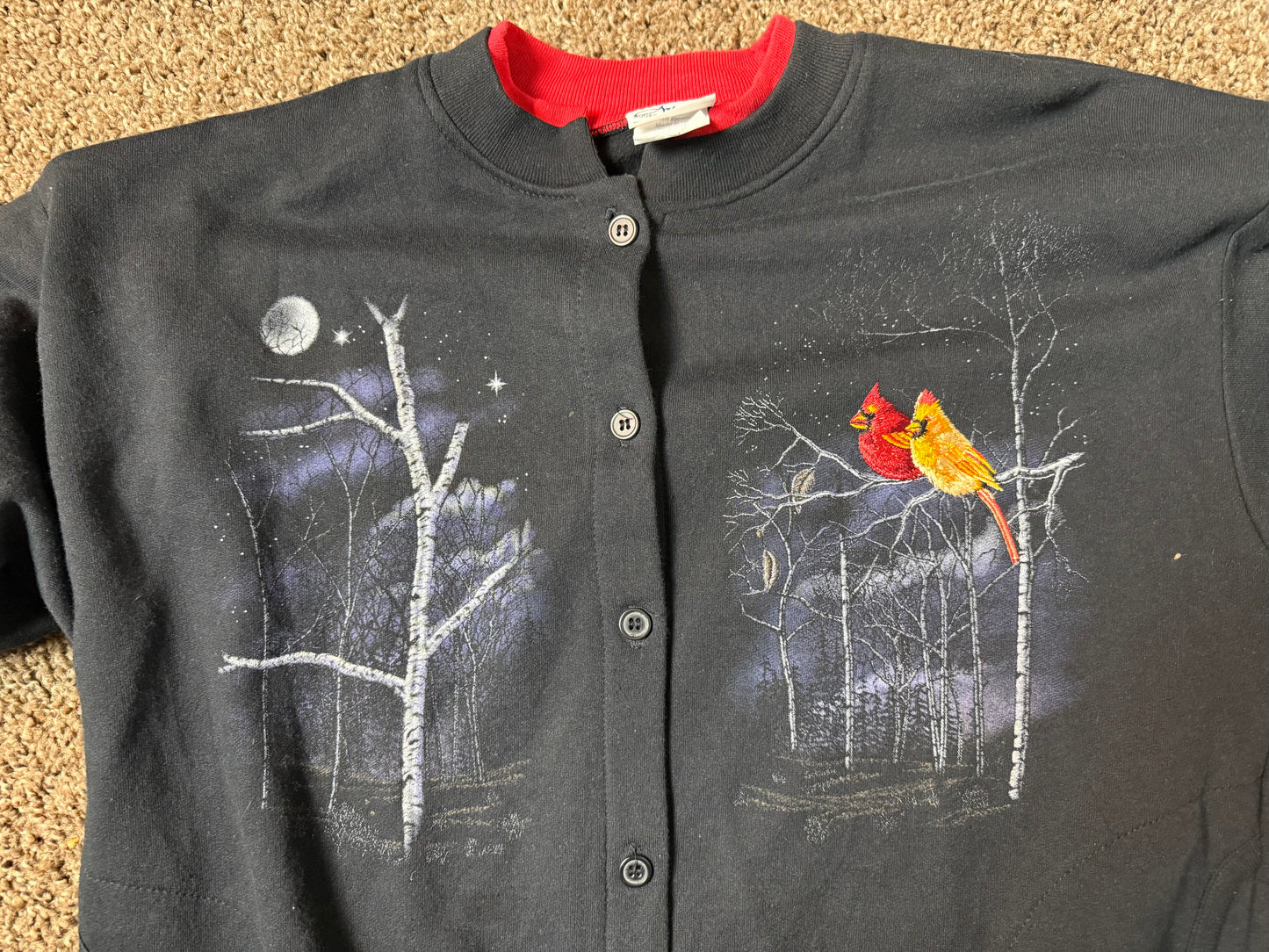 forest birds button up cardigan embroidery M