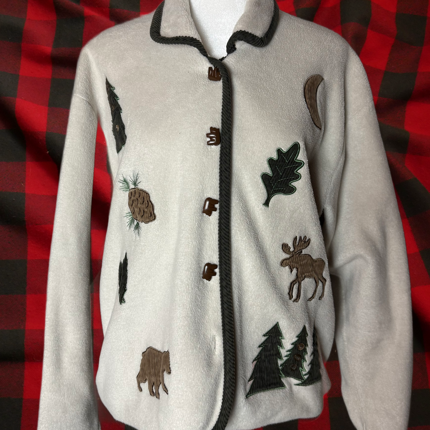 mountain button up cardigan sweater w/moose, bear, trees, moon