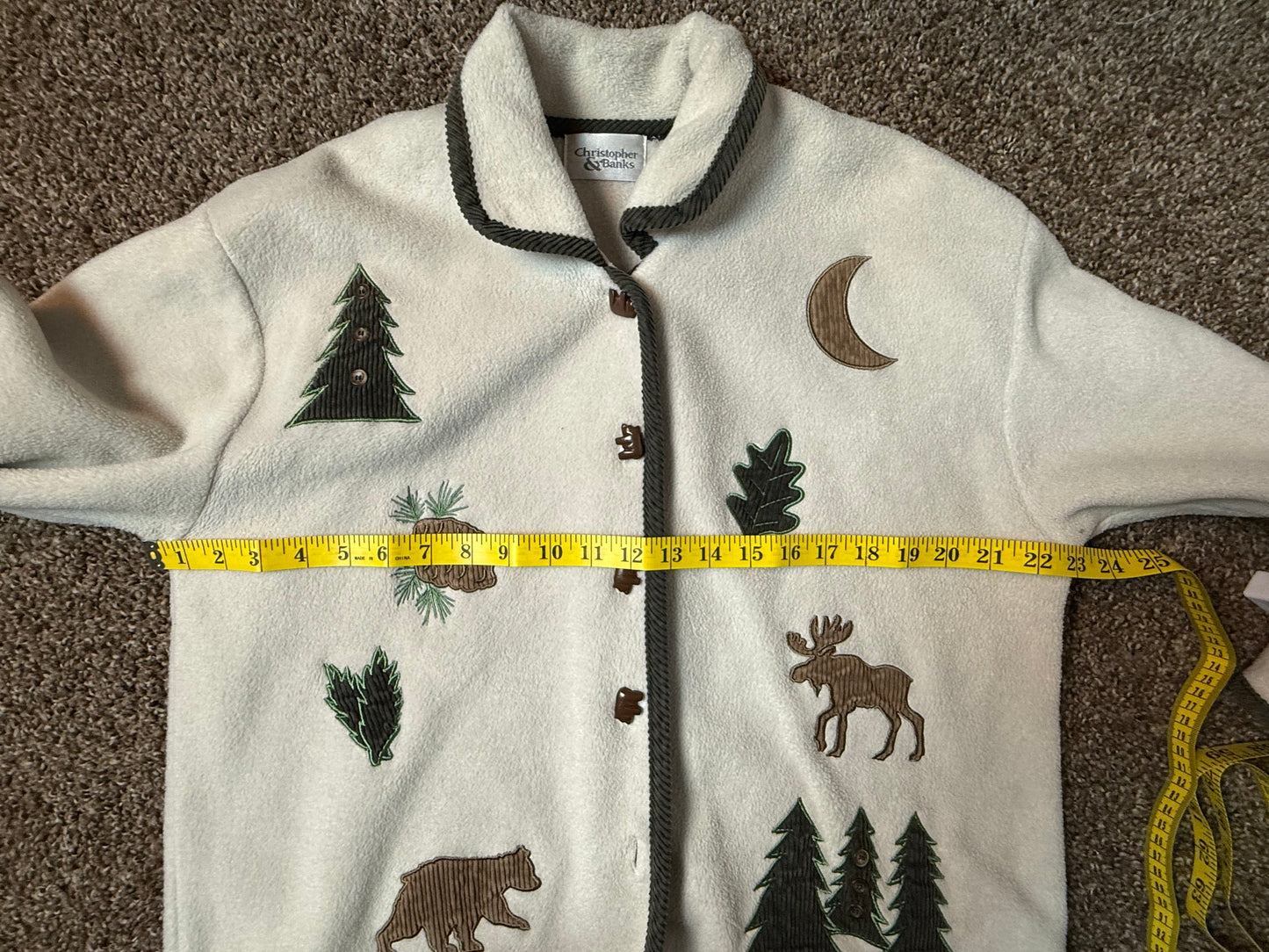 mountain button up cardigan sweater w/moose, bear, trees, moon