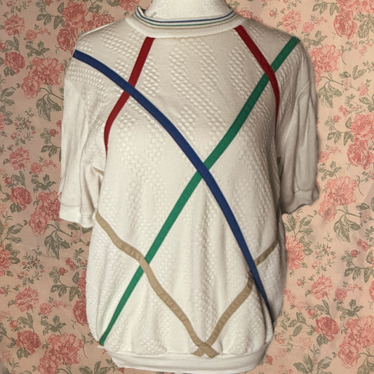 80s color strip white short sleeve shirt