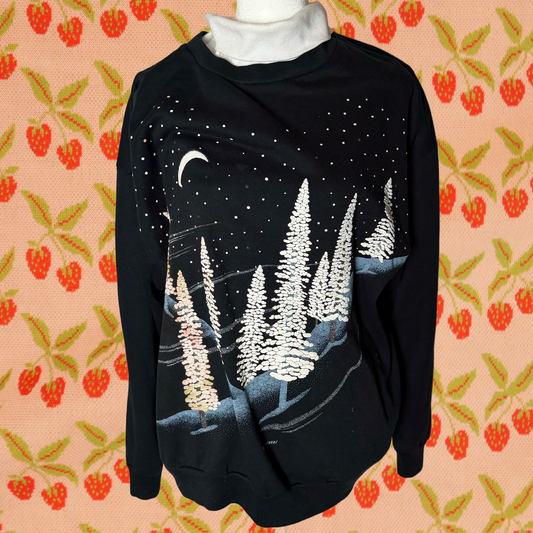 winter trees/moon collared sweater L