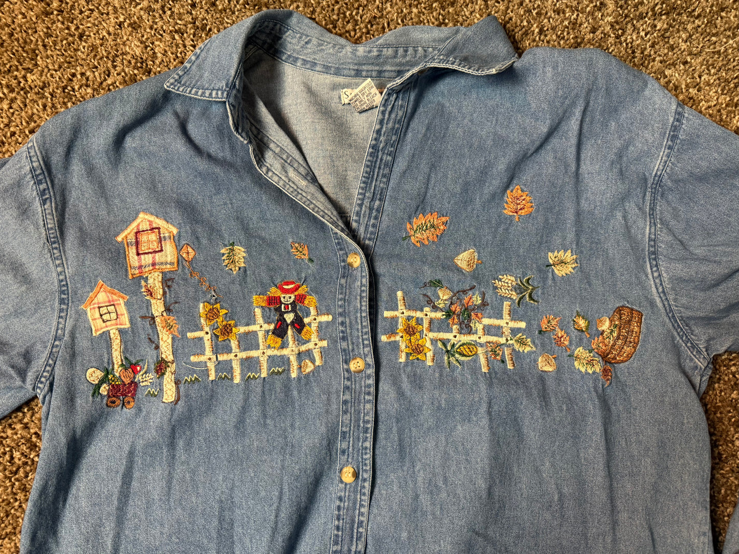 autumn scarecrow vintage denim embroidery L