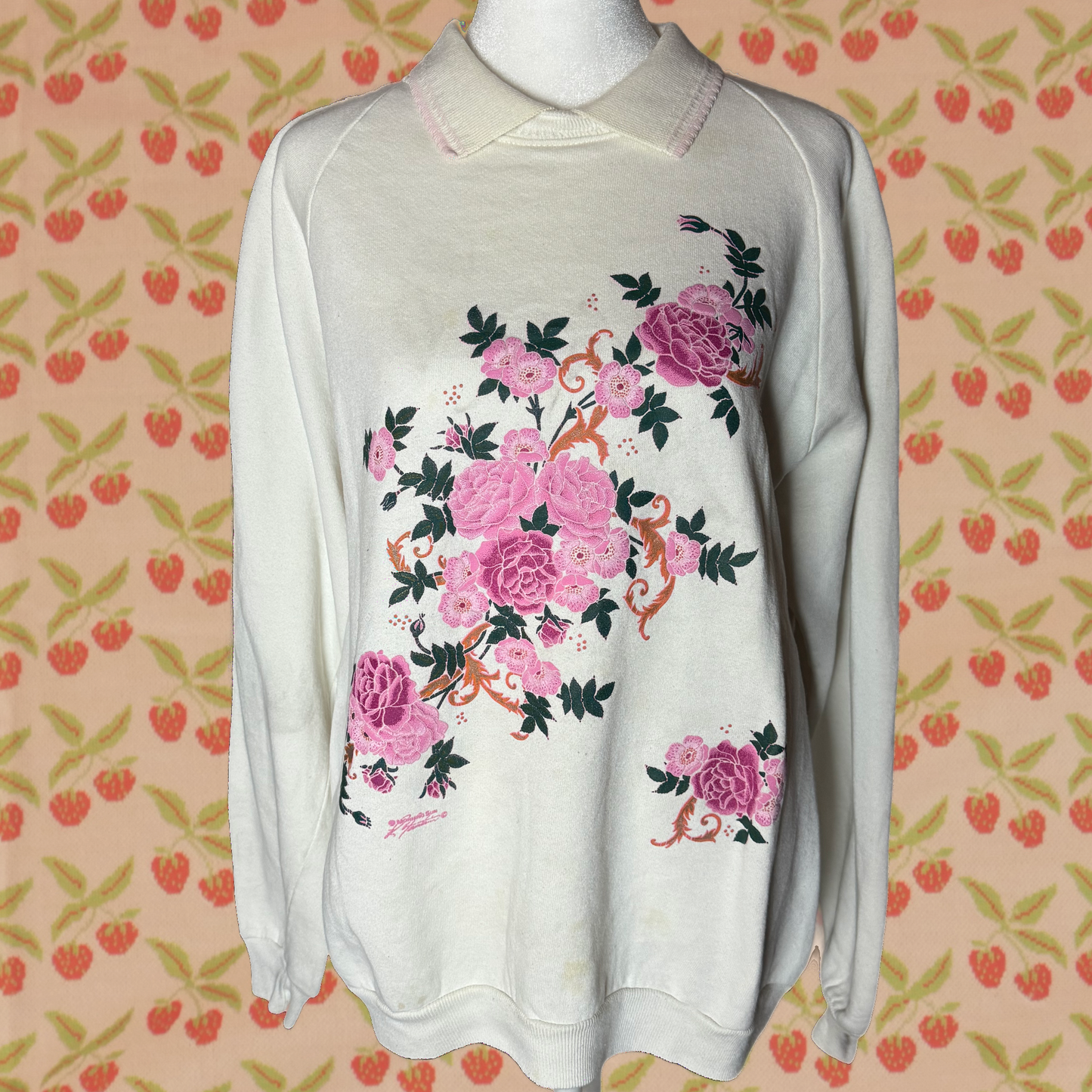 floral white and pink collared sweater XL morning sun crewneck