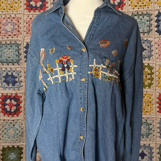 autumn scarecrow vintage denim embroidery L