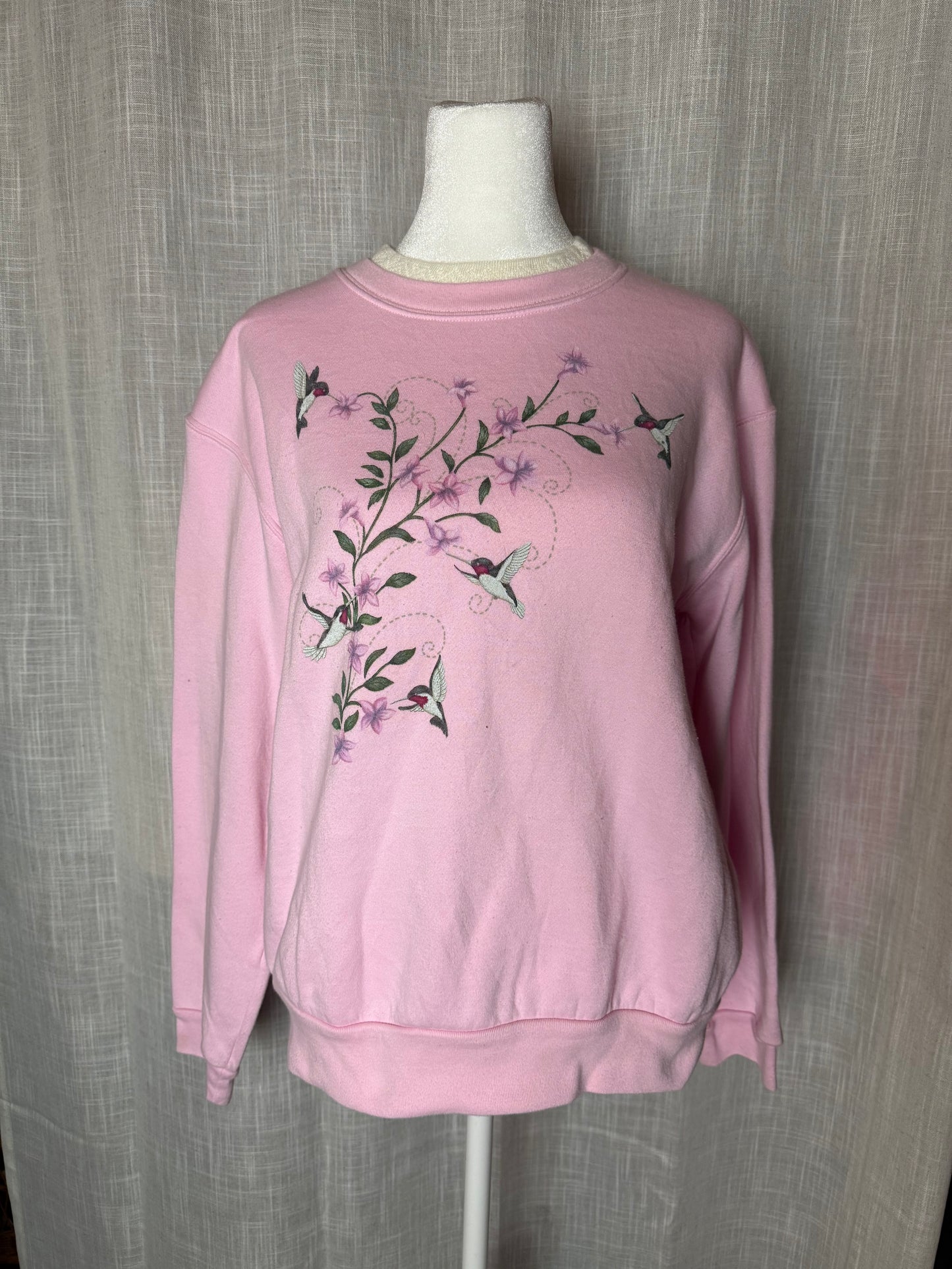 pink floral hummingbird collared crewneck