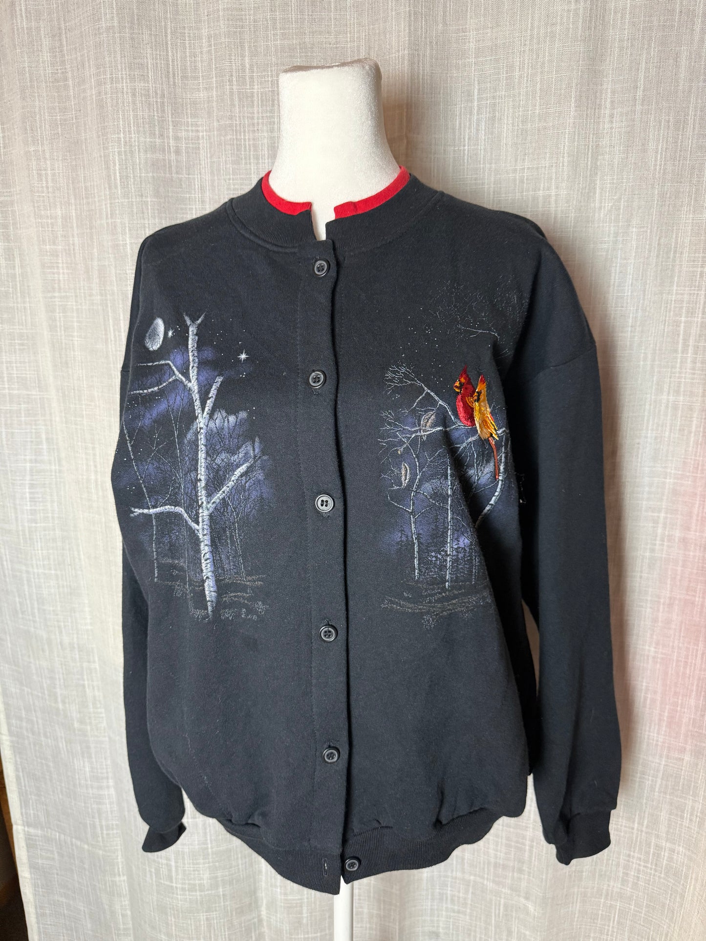 forest birds button up cardigan embroidery M