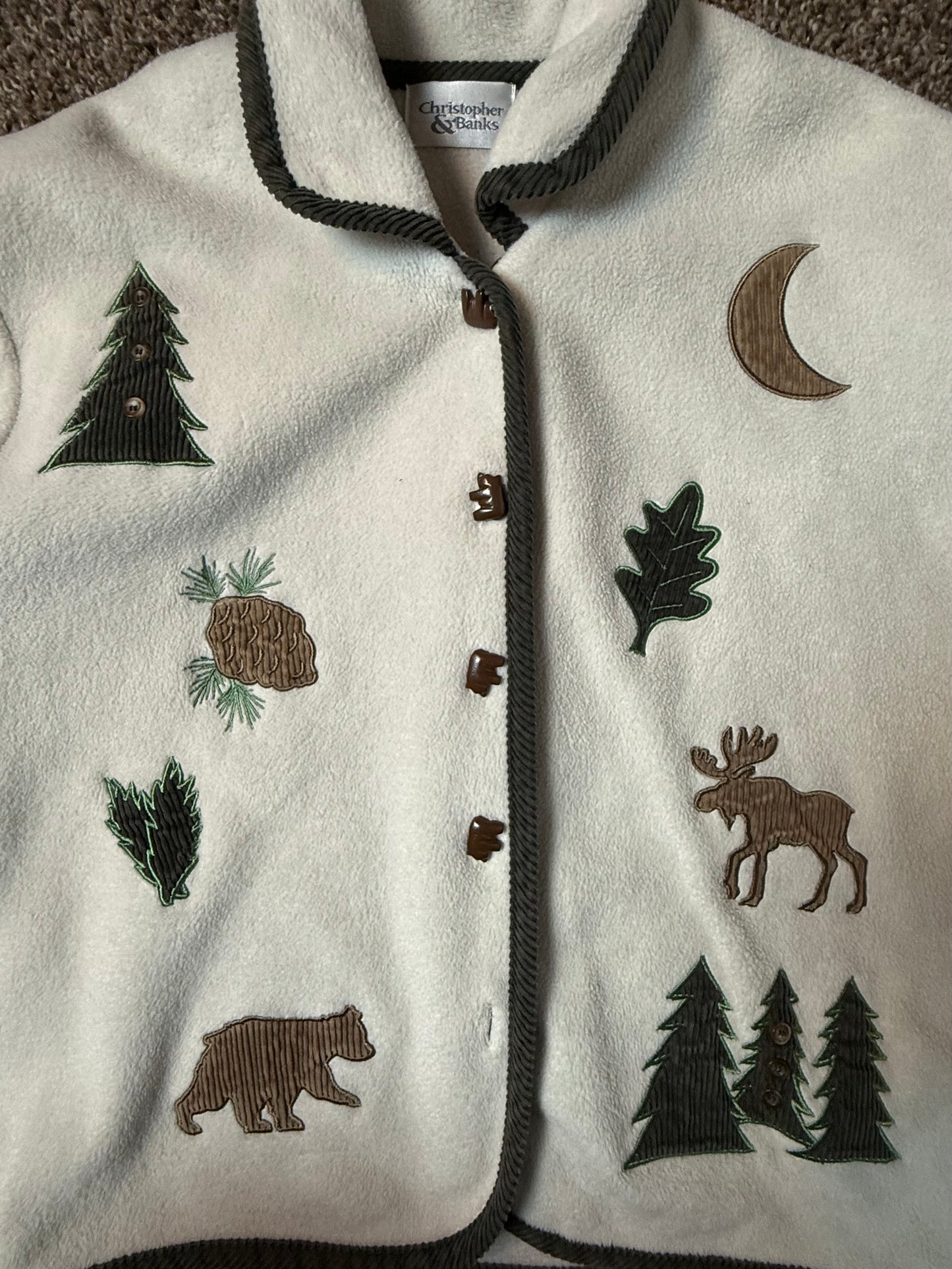 mountain button up cardigan sweater w/moose, bear, trees, moon