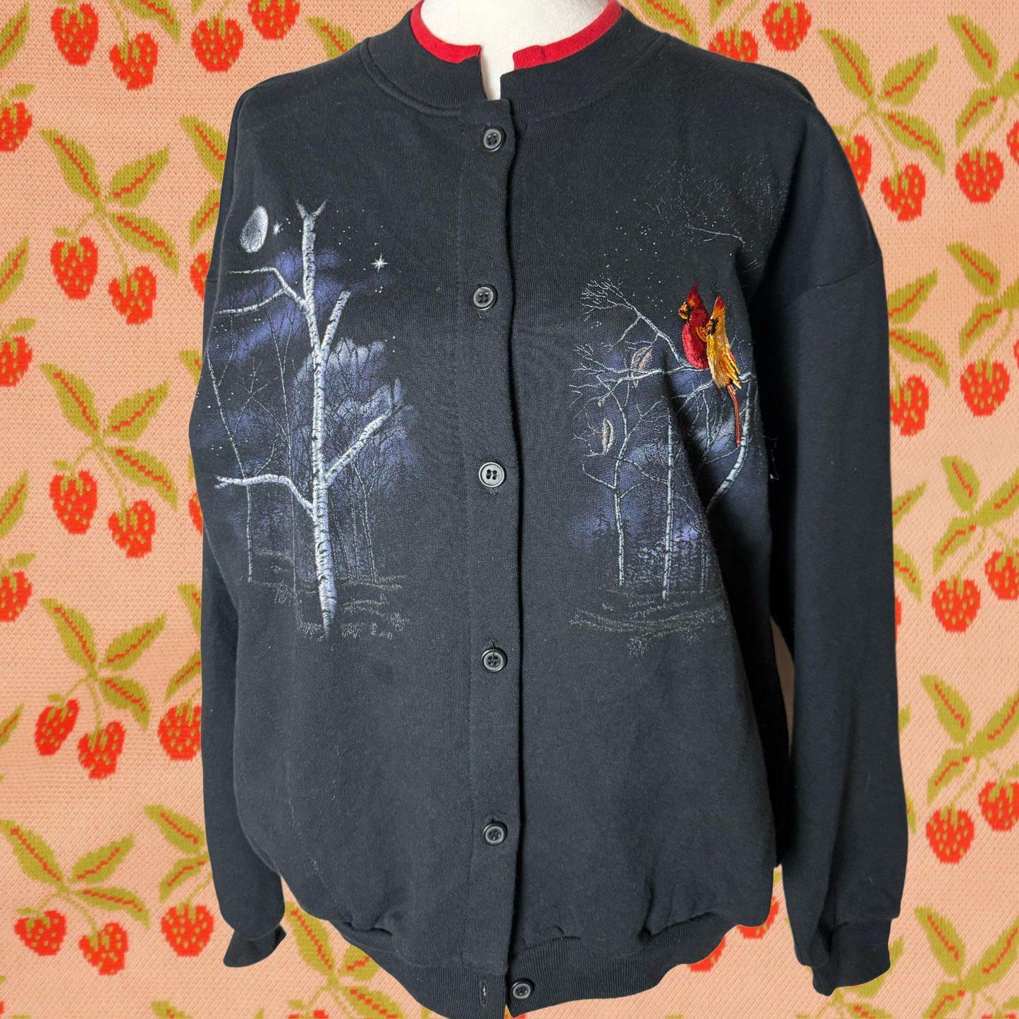 forest birds button up cardigan embroidery M