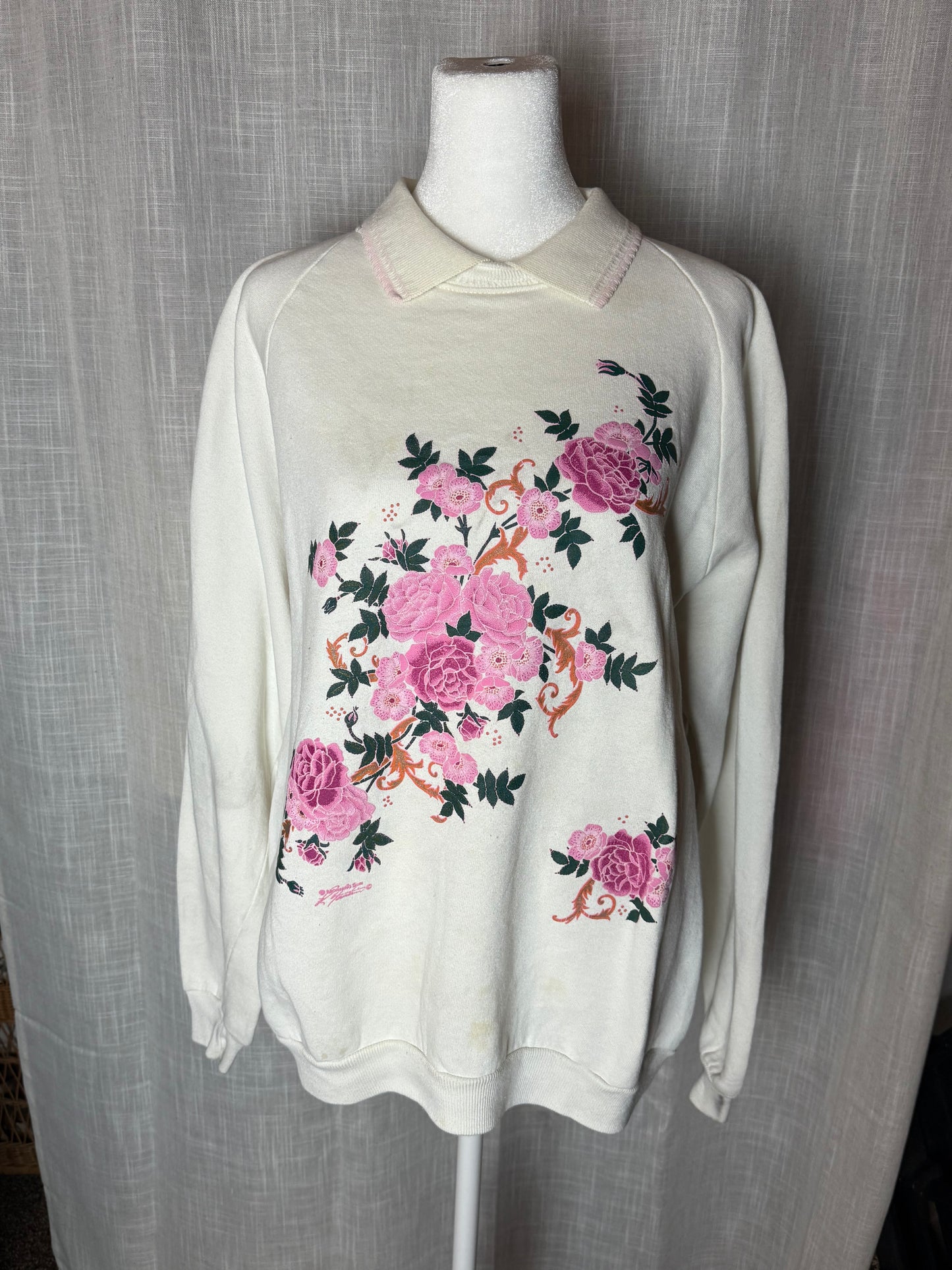 floral white and pink collared sweater XL morning sun crewneck