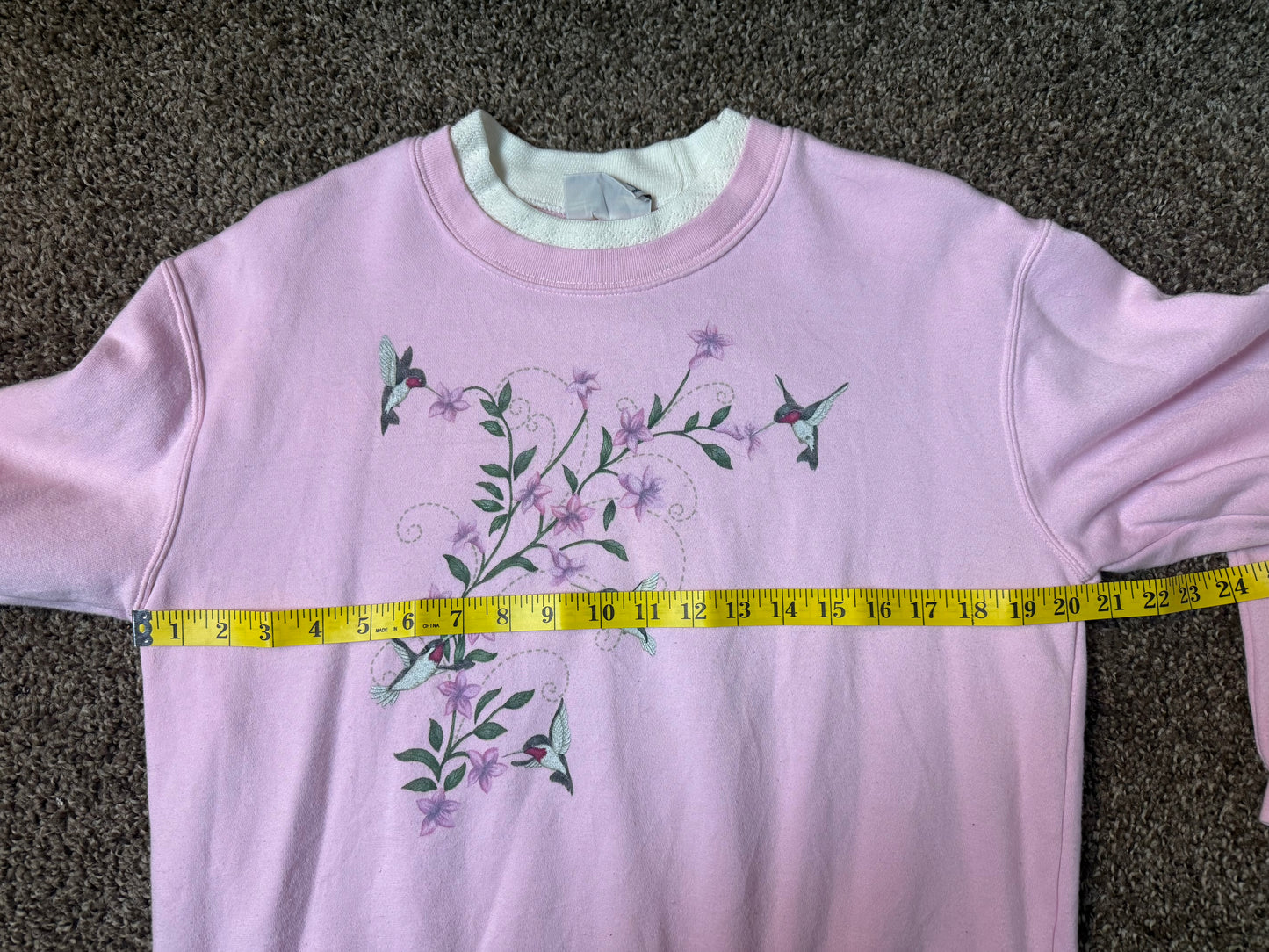 pink floral hummingbird collared crewneck