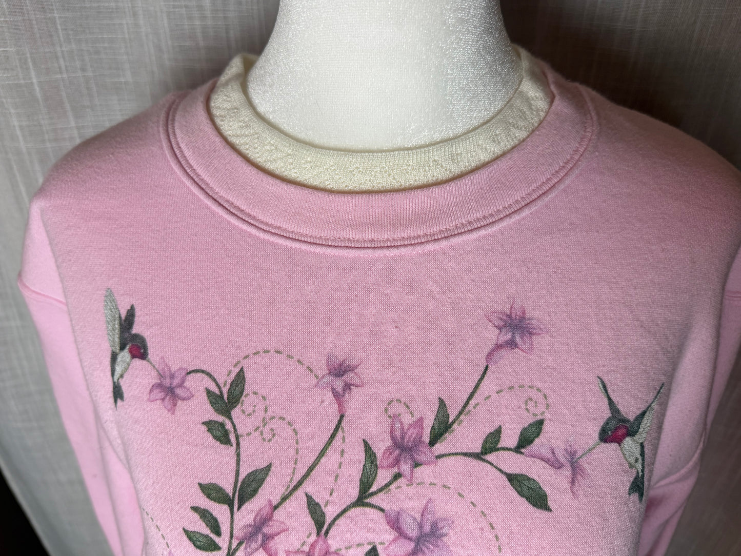 pink floral hummingbird collared crewneck