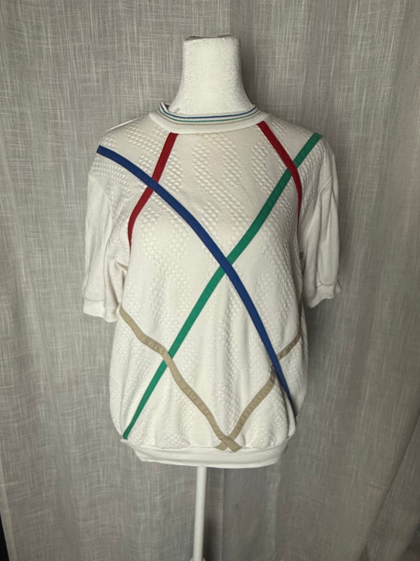 80s color strip white short sleeve shirt